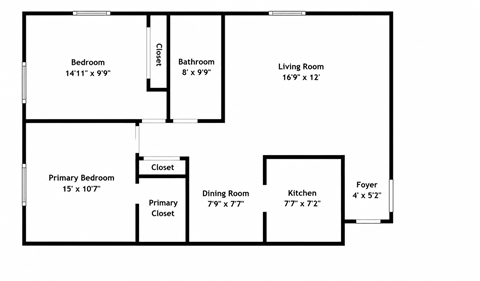 Floor plan for 2 beds, 1 bath, 1000 sqft